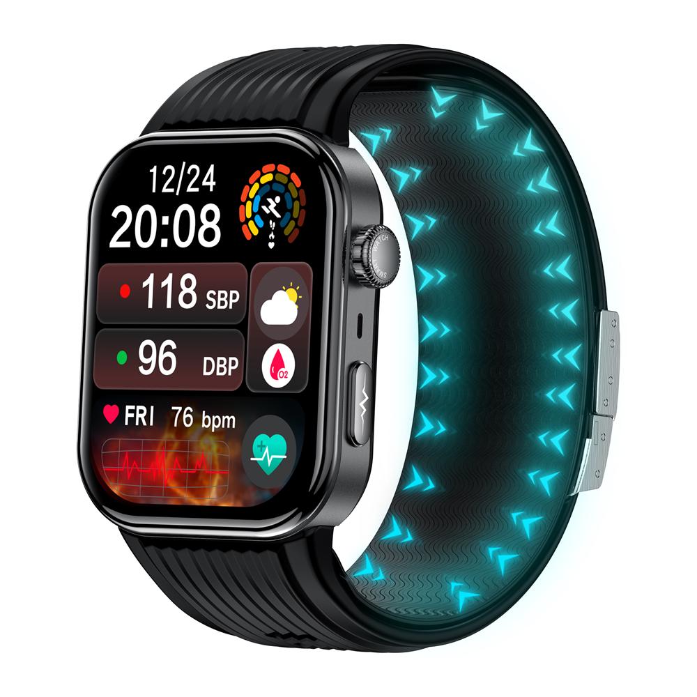 FITAOS Max 7 smartwatch showing a wrist blood pressure reading on its display